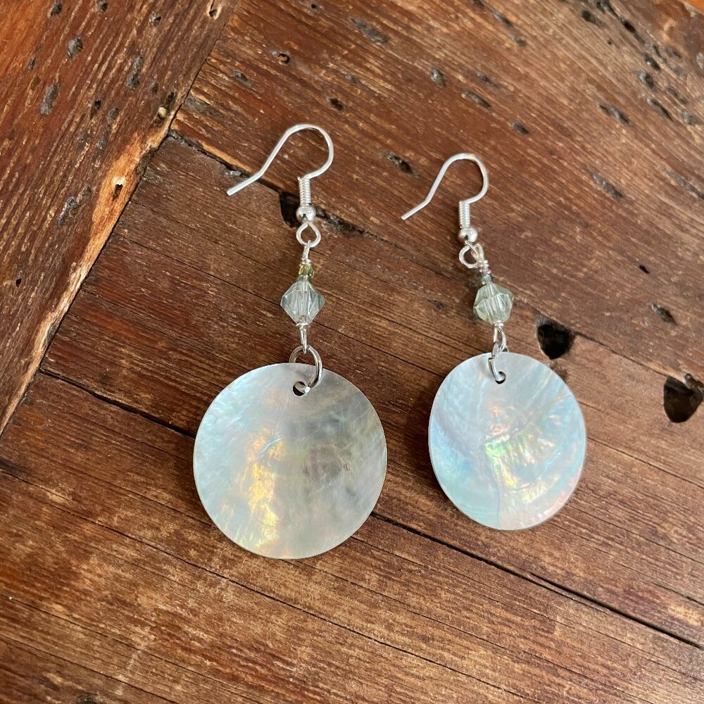 Simple White Rainbow Shimmer Shell Earrings Round Minimalist Ocean Sea Coast